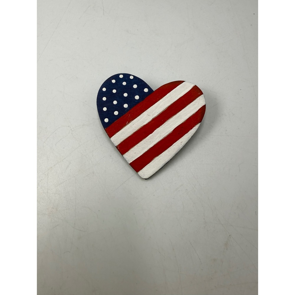 Vintage Hand Painted Wooden Heart American Flag Brooch Patriotic Pin Folk Art